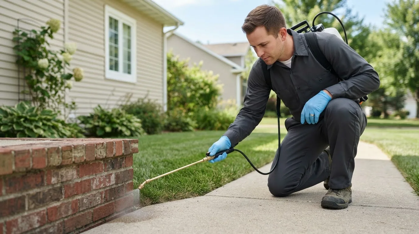 Pest control technician treating a home near Plummer, MN
