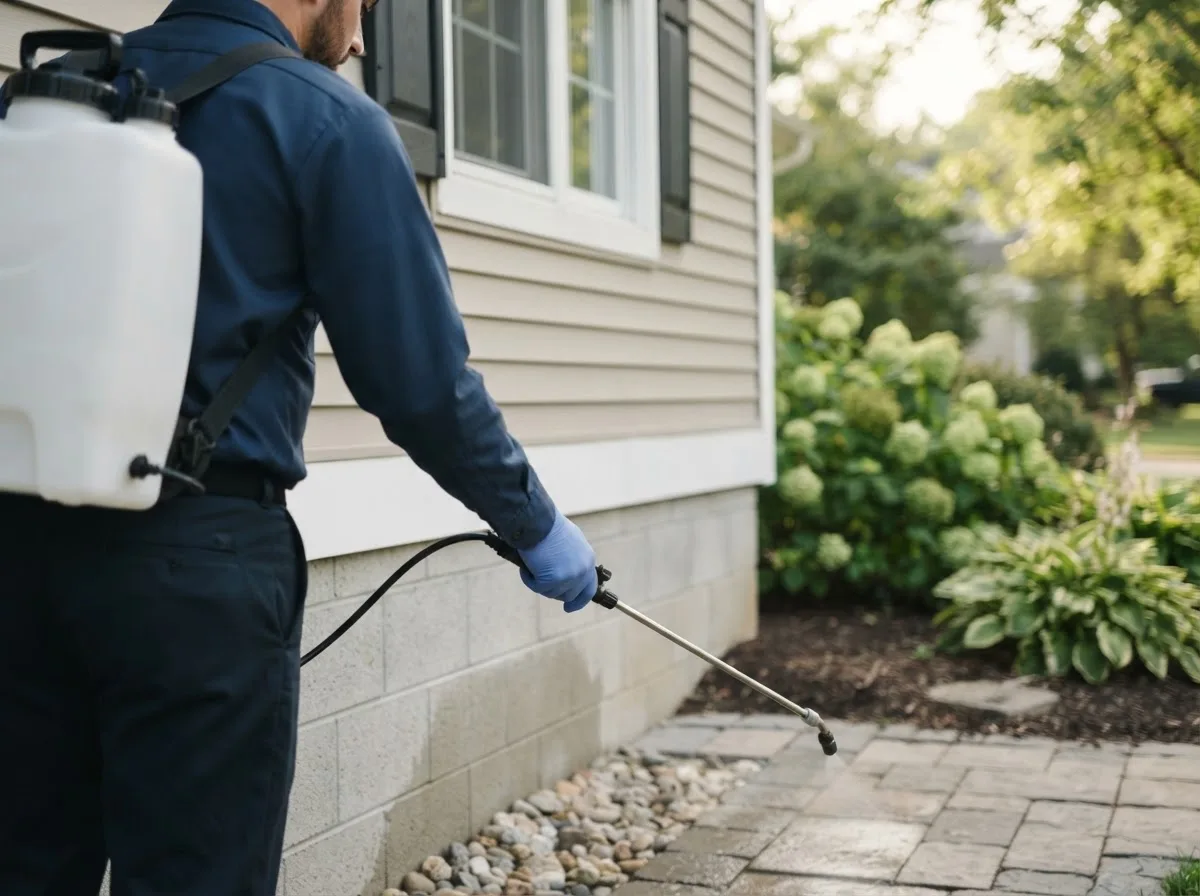Pest control technician inspecting a home in Plummer, MN